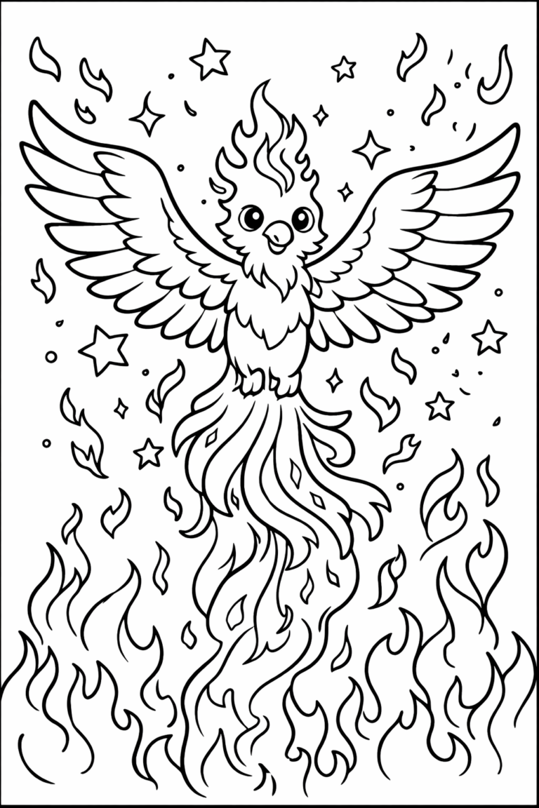 Coloring page of a phoenix with detailed flames and wings, designed for children's creative coloring activities.
