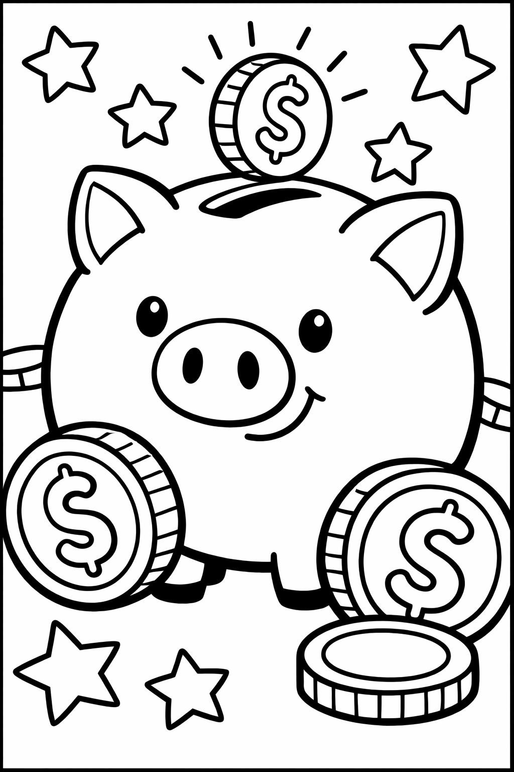 A cute piggy bank illustration for kids to color, surrounded by coins with dollar signs and stars. This coloring page is perfect for introducing children to the concept of saving money while having fun with colors.