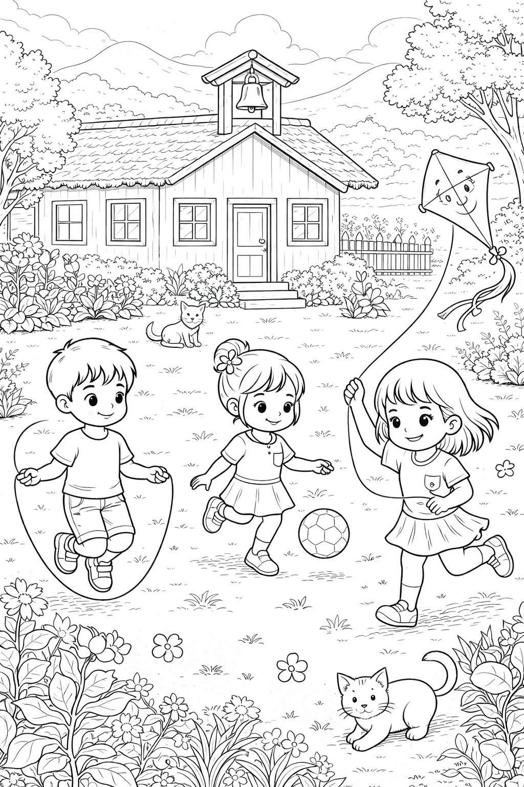 Three children are playfully engaging in activities such as jumping rope, playing soccer, and flying a kite against the backdrop of a cozy schoolhouse surrounded by flowers and two cats.
