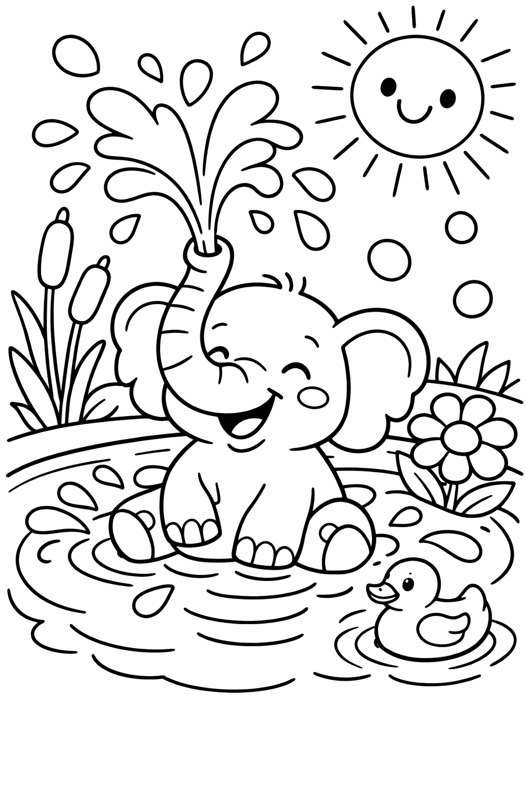 A playful elephant splashes in a pond with a duckling. The sun smiles above, and flowers blossom nearby, creating a cheerful coloring scene.