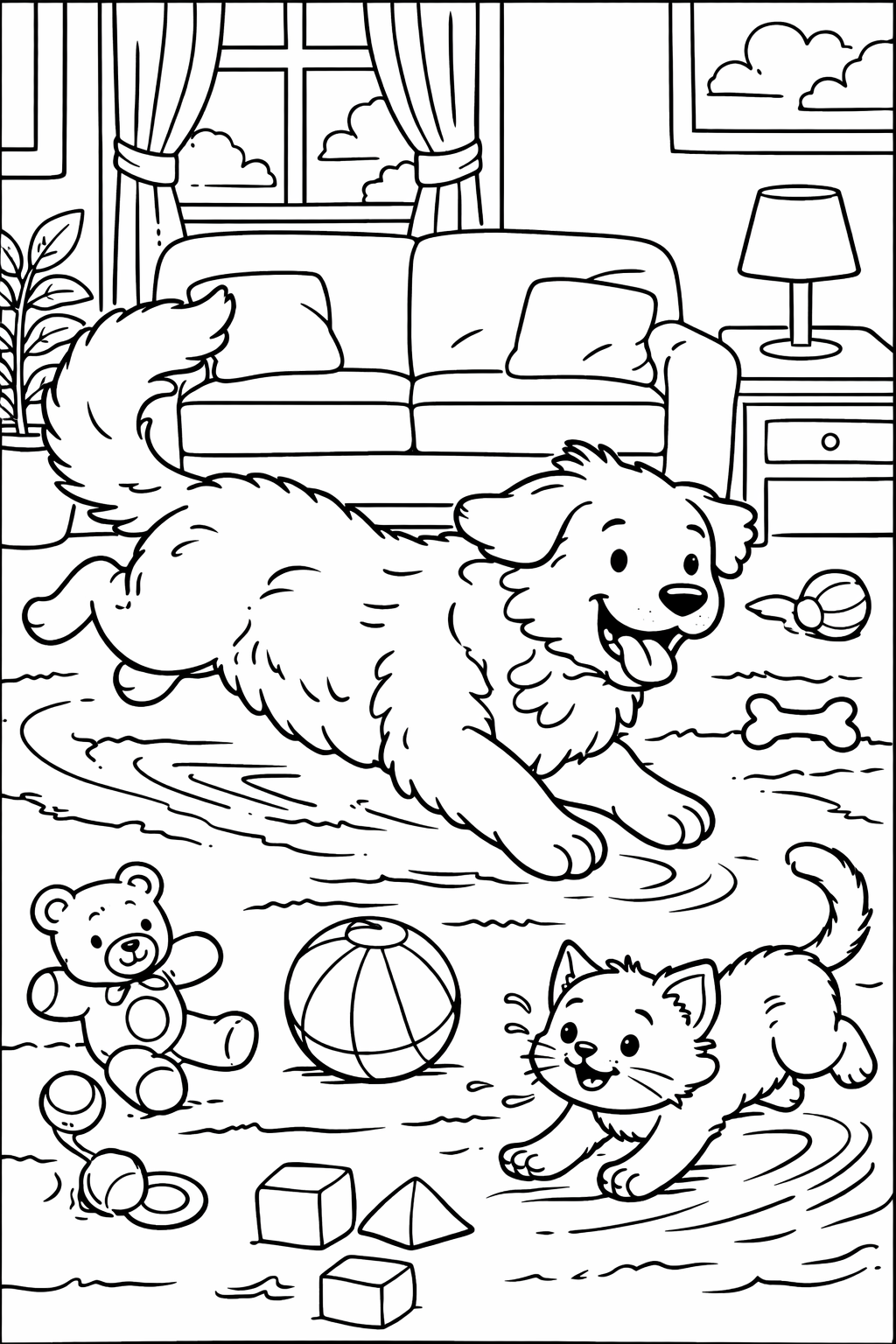 A playful scene of a puppy and kitten in a cozy living room, both surrounded by toys and furniture, offering detailed elements for coloring.