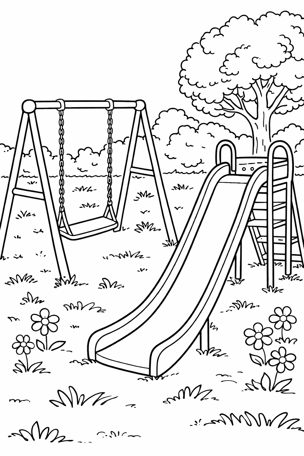 A playful scene in a playground with swings and a slide under a large tree. Children will enjoy adding color to these elements and vibrant flowers.
