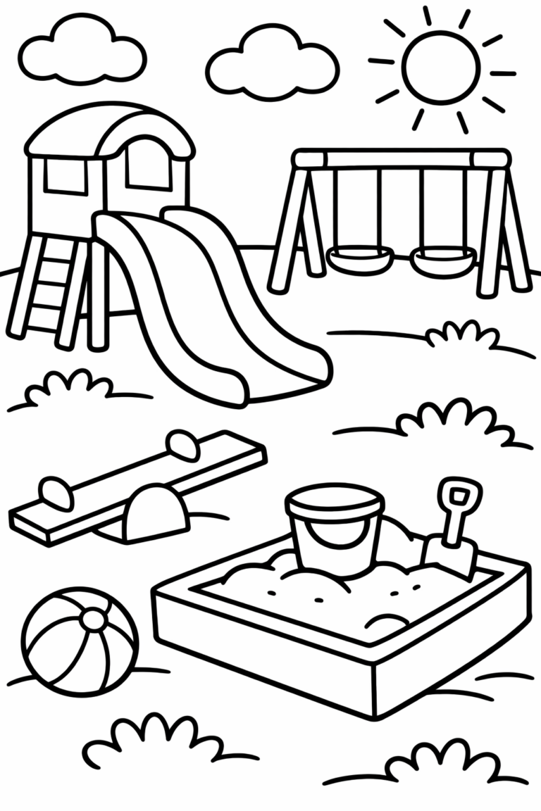 A charming playground scene with a slide, swings, seesaw, sandbox, and ball. The sun shines above, providing a delightful setting for children to color. This page encourages creative expression and outdoor play.