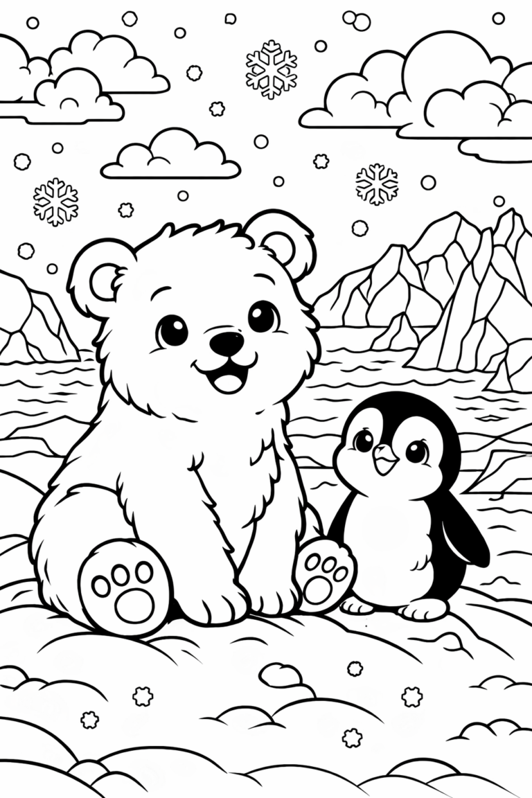 A charming coloring page of a polar bear and penguin sitting on a snowy landscape, surrounded by snowflakes and mountains, inviting kids to explore their creativity.