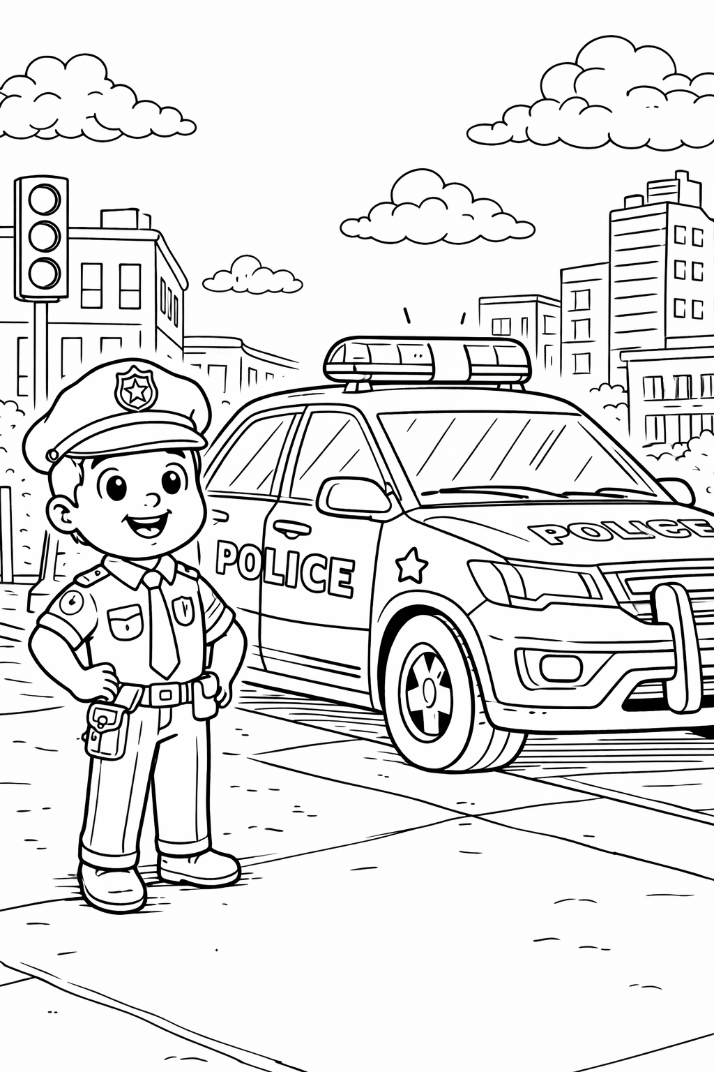 A friendly police officer smiling beside a police car on a city street. The scene includes buildings, a traffic light, and clouds, providing various elements for kids to color and enhance their understanding of community roles.