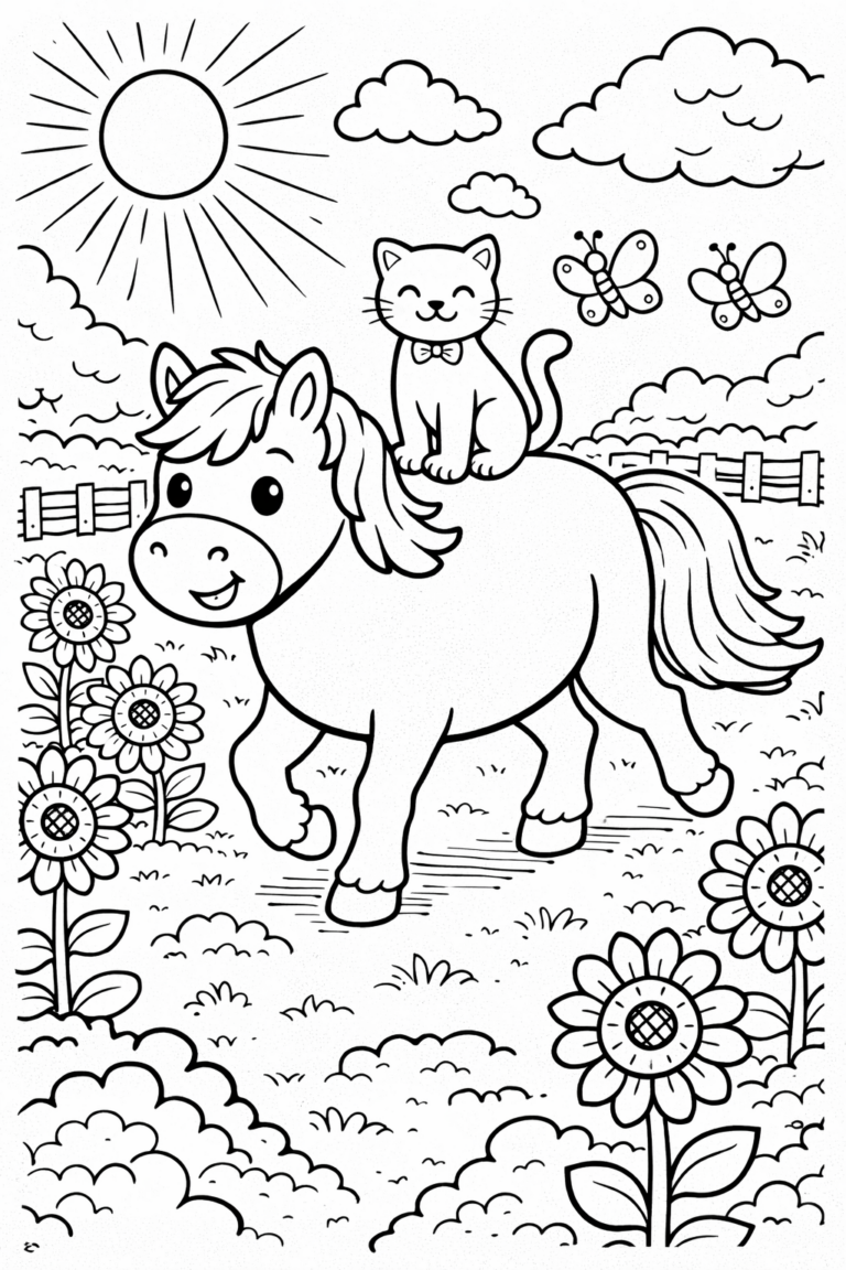 A playful pony carries a cheerful kitten. Sunflowers and butterflies adorn the scene, set under a sunny sky. Perfect for children to color, enhancing creativity.