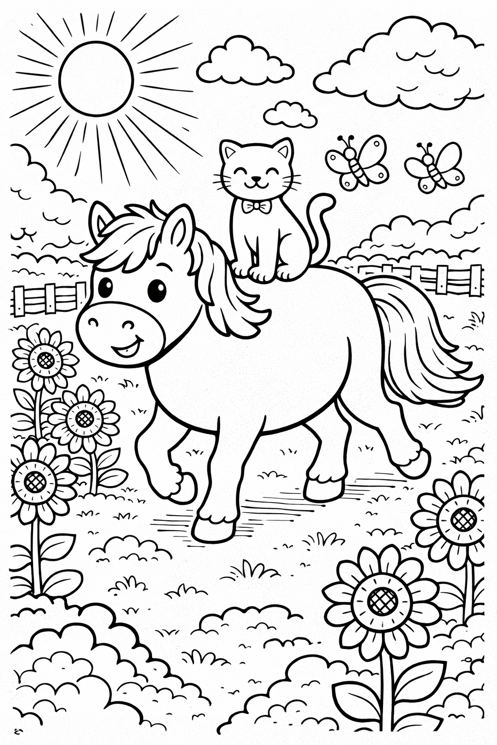 A playful pony carries a cheerful kitten. Sunflowers and butterflies adorn the scene, set under a sunny sky. Perfect for children to color, enhancing creativity.