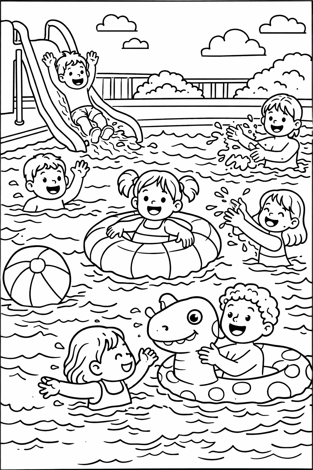 Children are playing joyfully in a pool, using colorful inflatables and swimming while enjoying a sunny day. This engaging scene invites creativity as kids can color the playful activities and cheerful expressions.