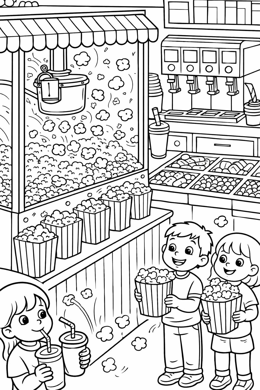 Children at a popcorn stand, holding large buckets of popcorn with a classic popcorn machine and snacks in the background. They are smiling and enjoying the experience, making it a fun and playful scene for kids to color.