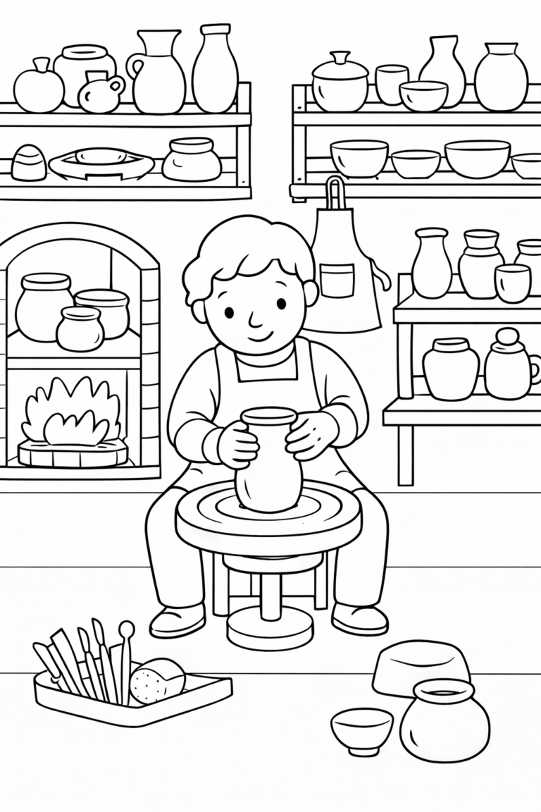 Coloring page depicting a child in a pottery studio, crafting pottery on a wheel with shelves filled with various pottery items and neatly organized tools around.