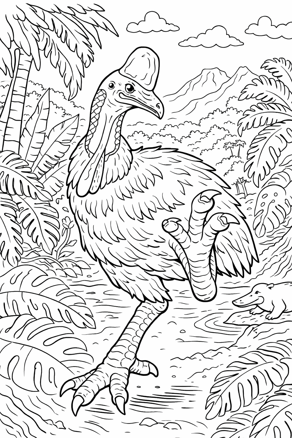 A detailed coloring page of a prehistoric bird standing amidst tropical plants and a serene jungle background, inviting creative exploration for children.