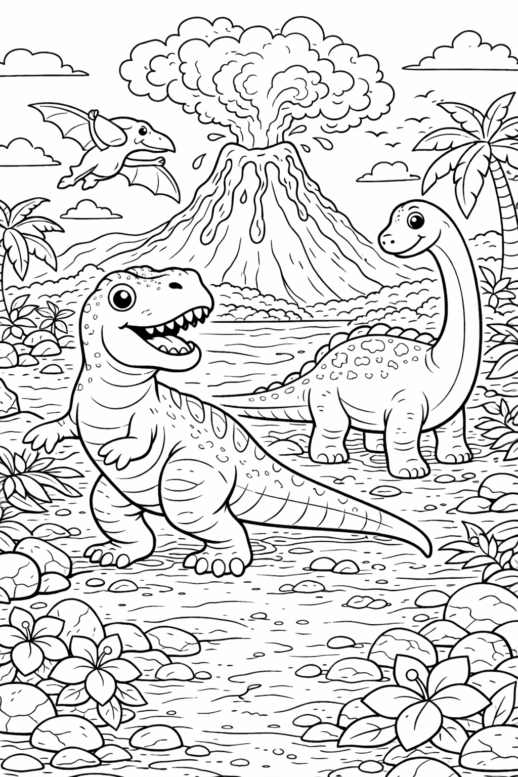 Illustration of prehistoric dinosaurs in a volcanic landscape. Features T-rex, Apatosaurus, and Pterodactyl with lush plants and an erupting volcano, perfect for kids to color.