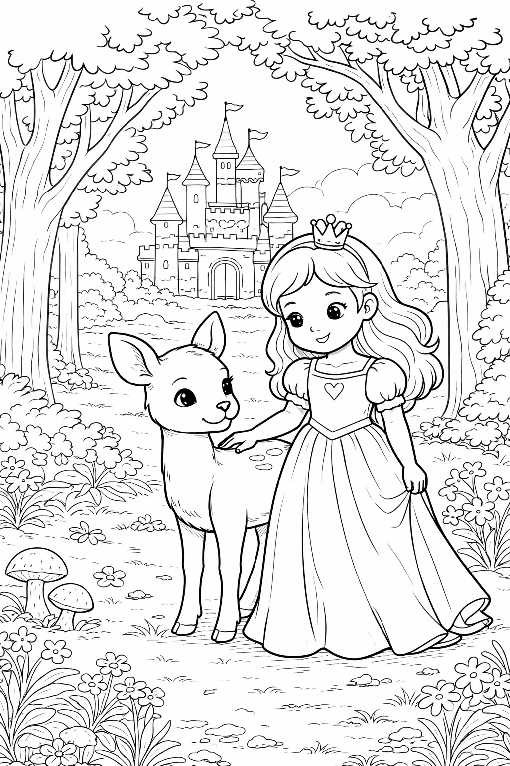 A charming scene of a princess in a gown and crown petting a deer in a lush forest with a castle in the background. Perfect for coloring and sparking children's imaginations.