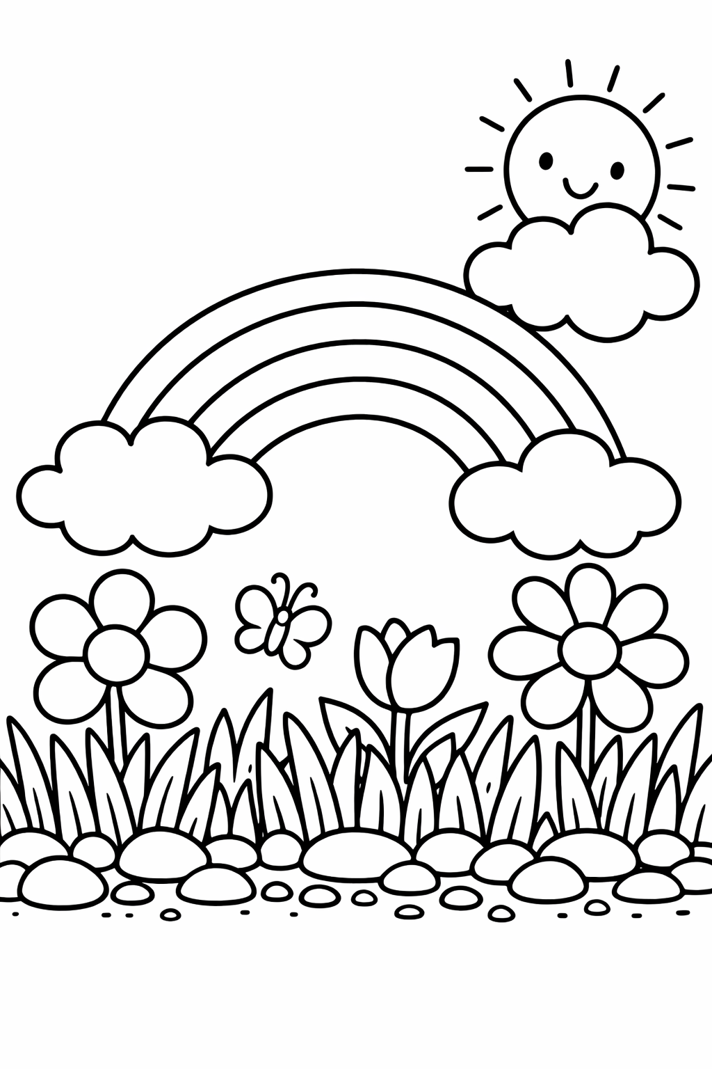 Children's coloring page with a sun, clouds, rainbow, flowers, and a butterfly. Encourages creativity and invites kids to fill the scene with vibrant colors. Perfect artistic activity for young ones.