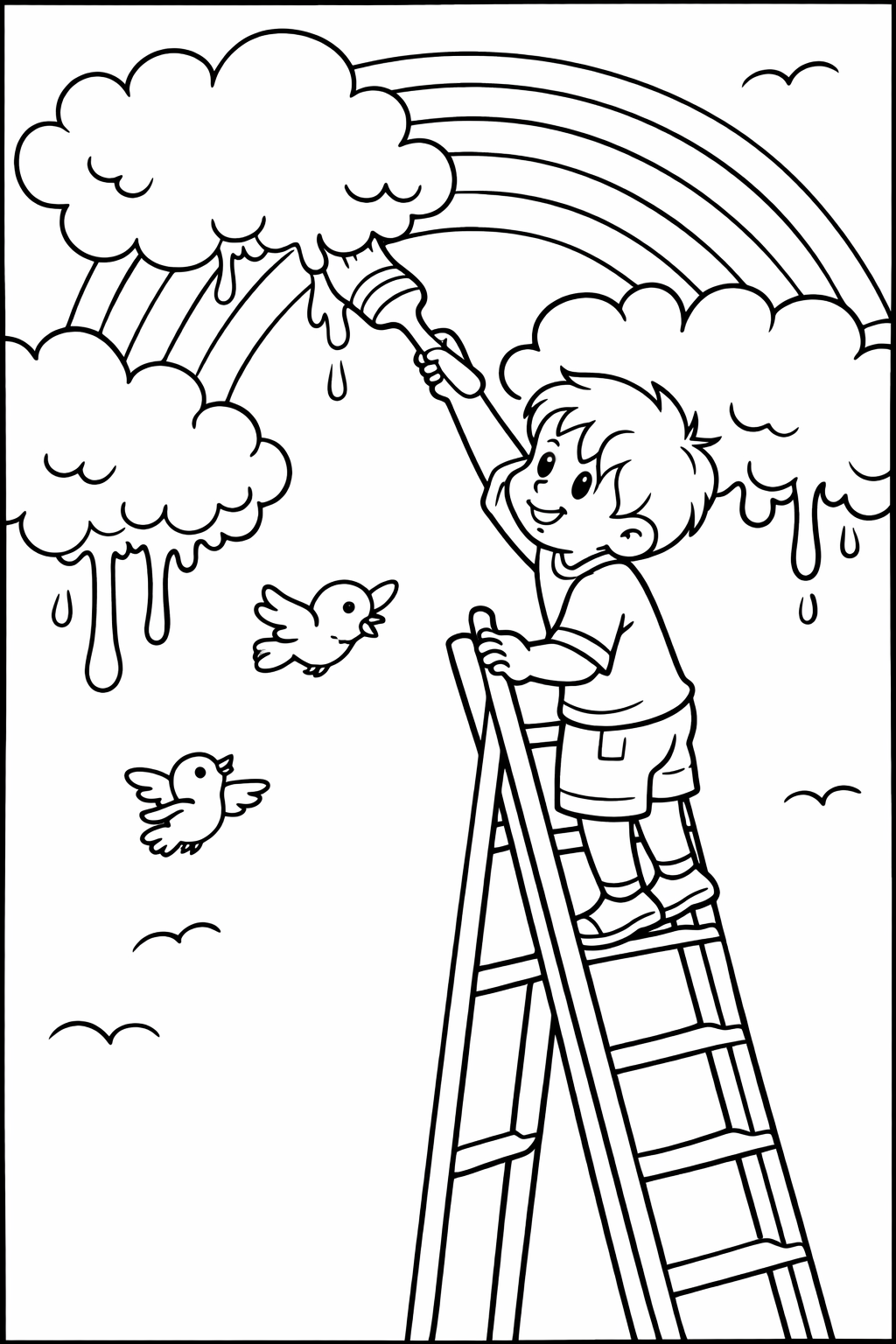 A charming coloring page showing a boy painting a rainbow while standing on a ladder, accompanied by fluffy clouds and playful birds. Perfect for kids to showcase their artistic skills.