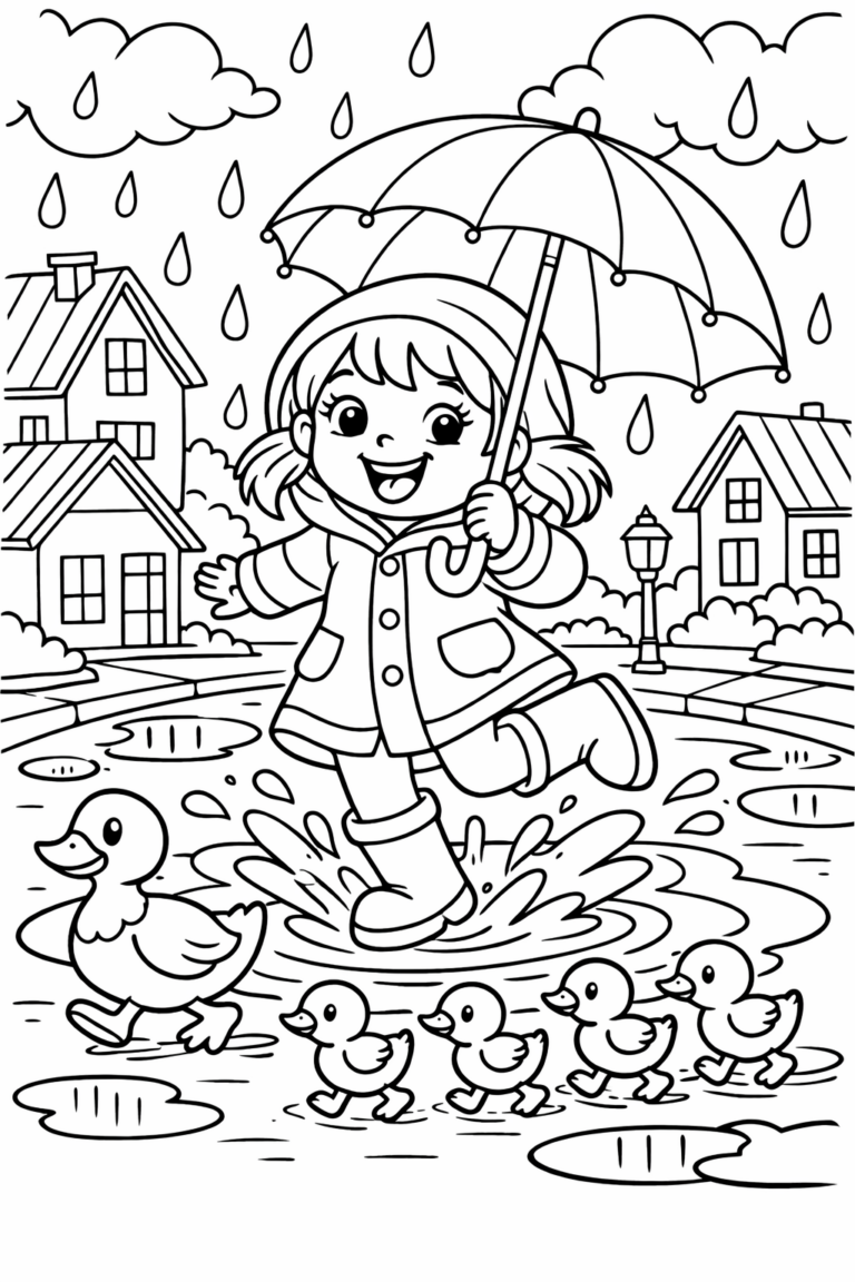 A child plays in the rain, jumping with an umbrella, while ducks follow in puddles. Houses and raindrops enhance the scene, creating a lively backdrop for coloring.