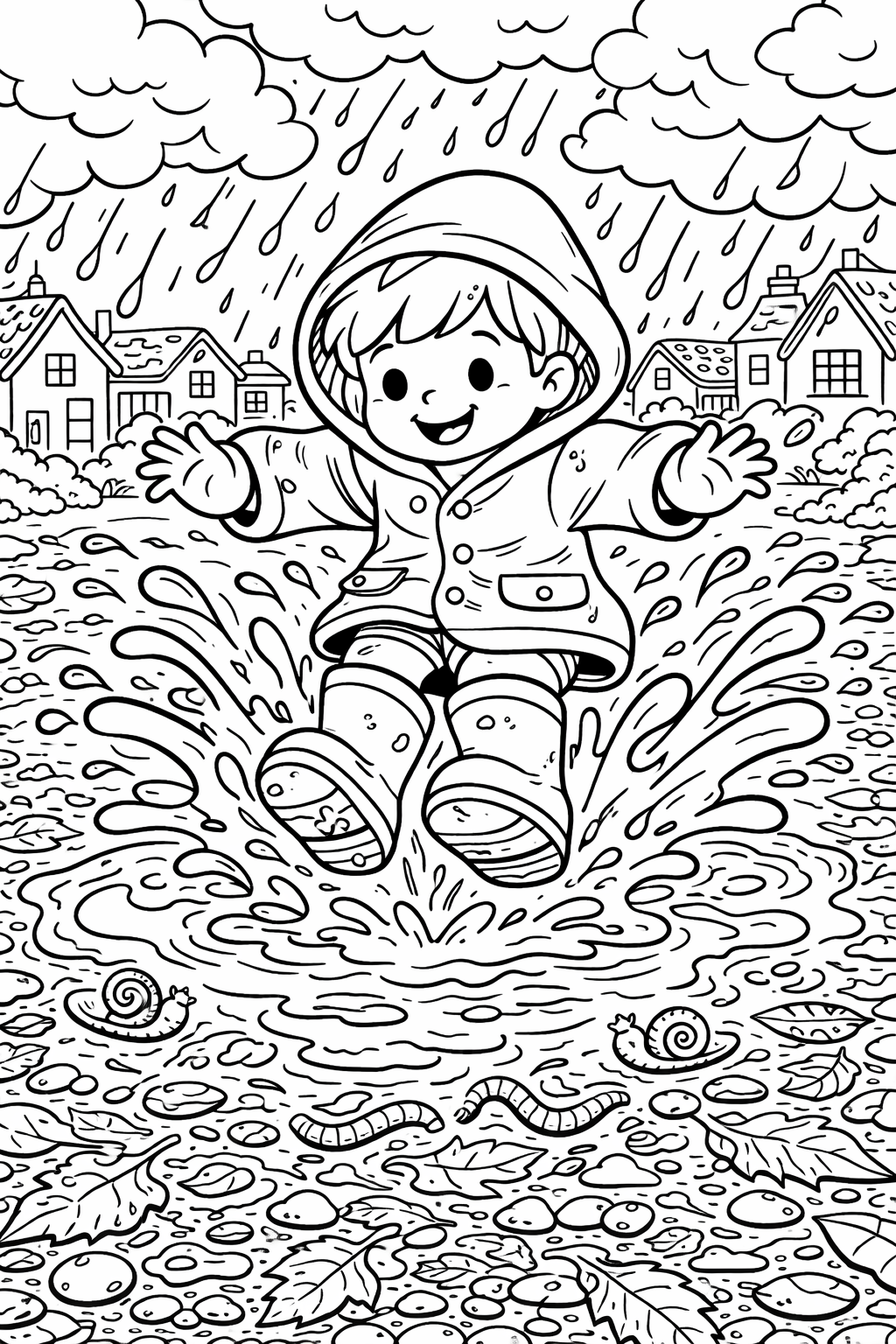 A joyful child in a raincoat and boots is happily jumping in a puddle under the rain. The scene captures nature's charm with snails on the ground, leaves, and distant houses.