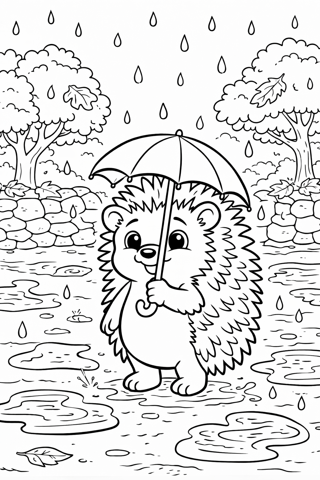 Coloring page showing a cheerful hedgehog with an umbrella, surrounded by raindrops and puddles. Ideal for children to explore their creativity and love for animals.