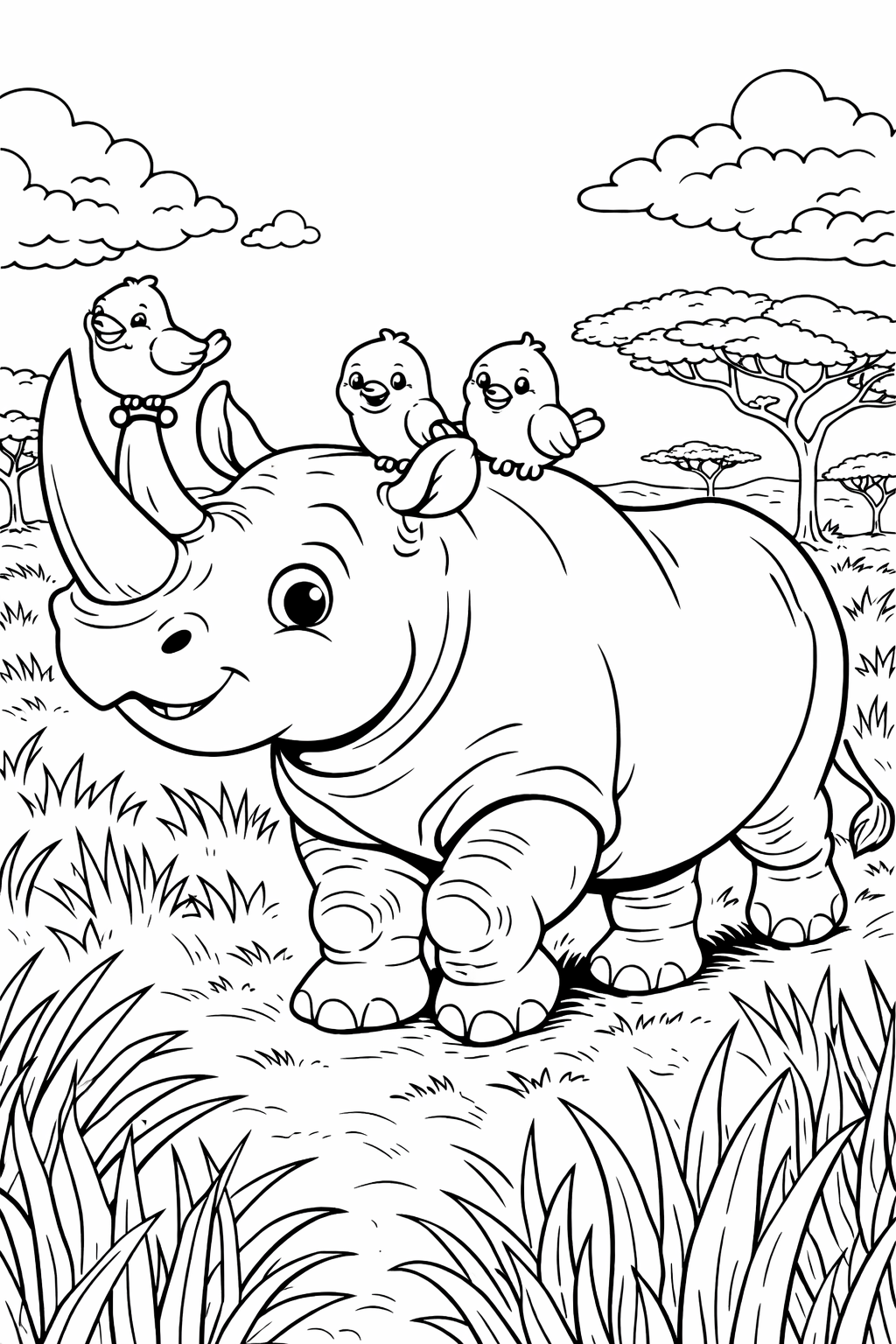 A charming coloring page depicting a smiling rhino with birds resting on its back. It's set in a lush savanna with tall grasses, trees, and clouds. Kids can bring the scene to life with their favorite colors, engaging in a fun artistic activity.