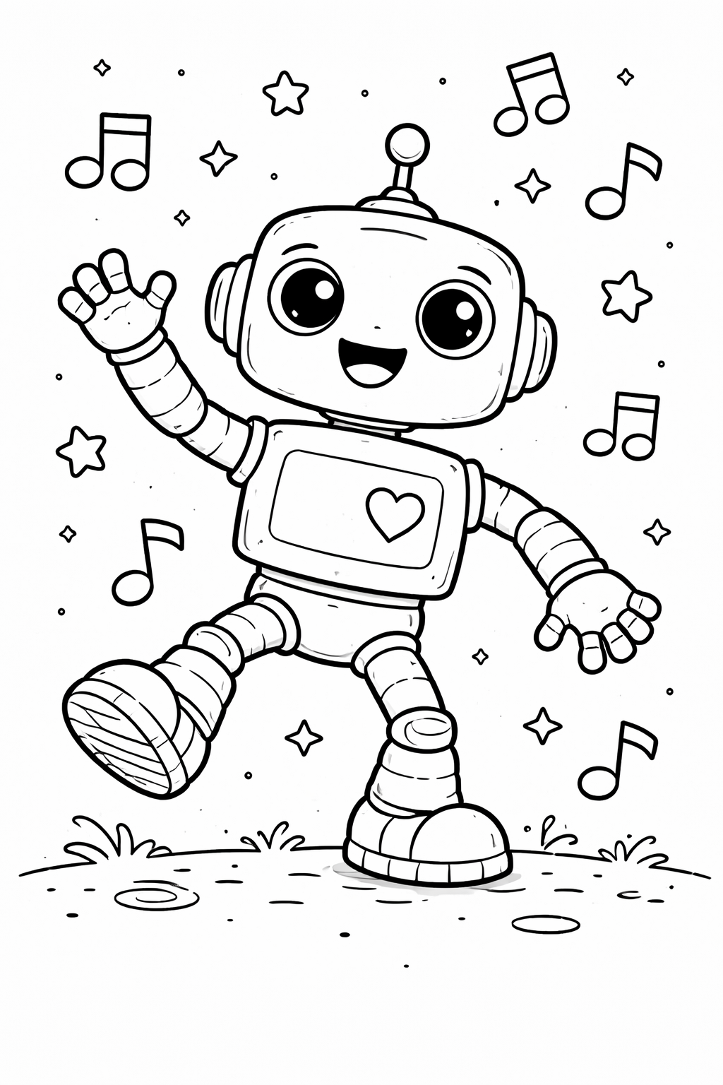 Illustration of a cheerful robot dancing with music notes and stars around. Perfect for kids to color and have fun exploring colors while imagining a joyful robotic world.