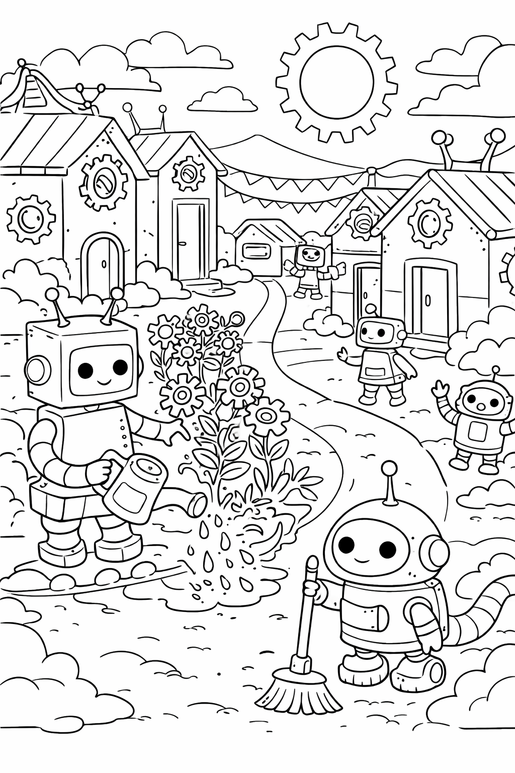 A detailed coloring page depicting a robot village scene, with friendly robots watering flowers, sweeping, and enjoying the day amidst whimsical buildings and a sunny sky. Perfect for children to engage their creativity.