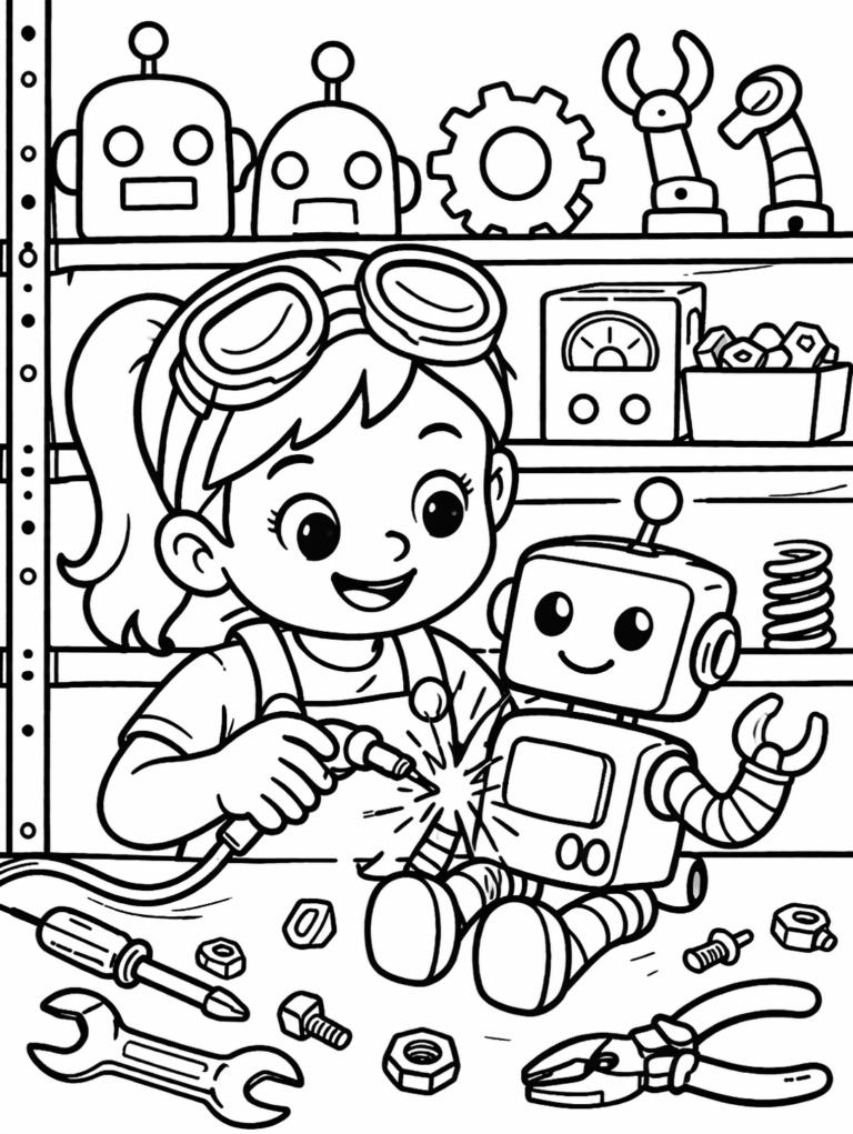A young girl in a workshop builds a robot, surrounded by tools and gadgets, providing a chance for children to engage with imaginative and creative coloring.