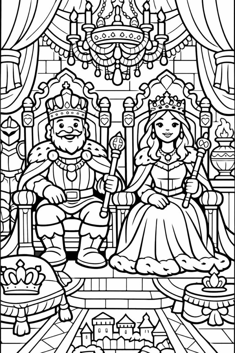 A detailed coloring page showing a king and queen on their thrones with surrounding regal decor including ornate crowns, a chandelier, and castle view. Encourages children's creativity through fairy tale themes.