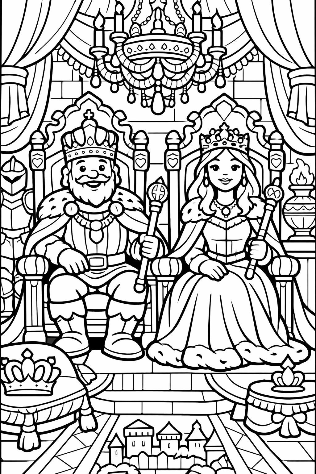 A detailed coloring page showing a king and queen on their thrones with surrounding regal decor including ornate crowns, a chandelier, and castle view. Encourages children's creativity through fairy tale themes.