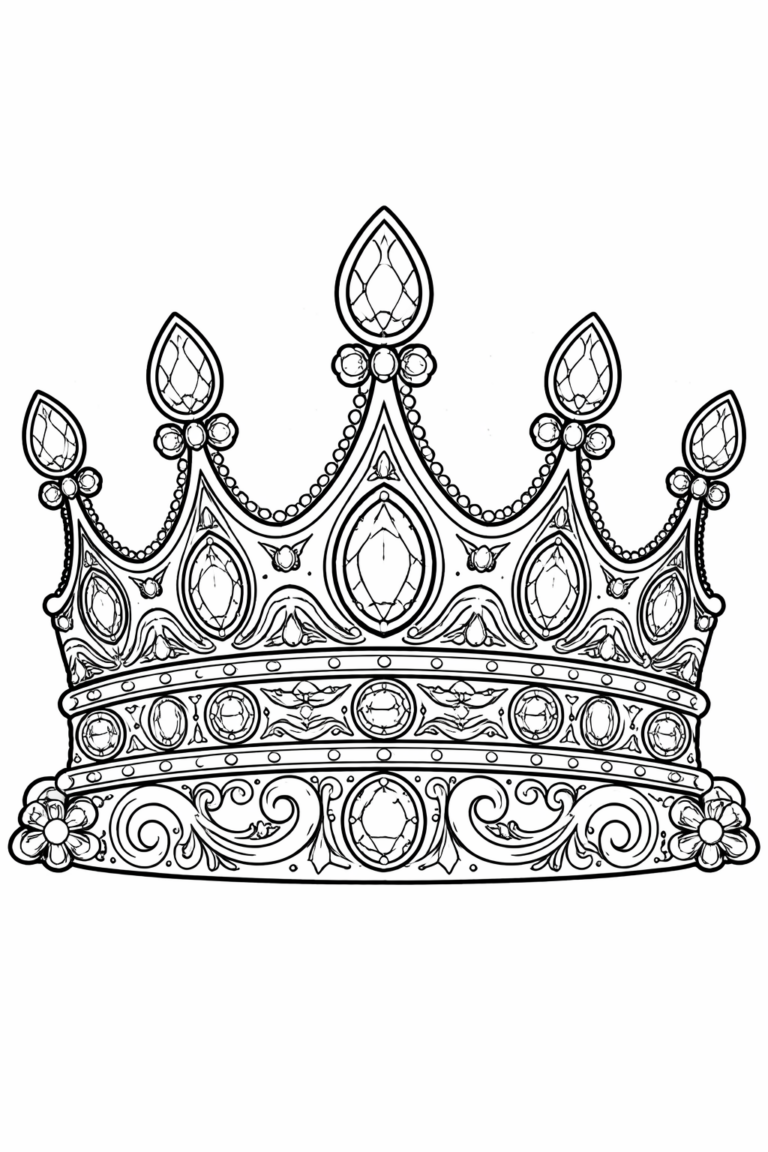 Intricate royal crown design with detailed patterns for coloring, showcasing multiple gems and ornamental details perfect for enhancing children's creativity.