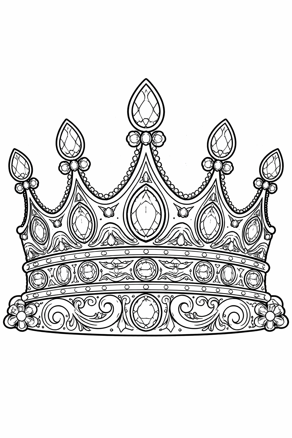 Intricate royal crown design with detailed patterns for coloring, showcasing multiple gems and ornamental details perfect for enhancing children's creativity.