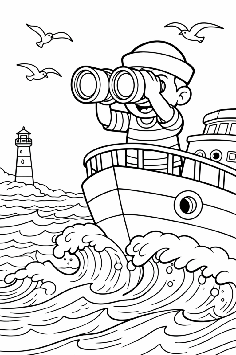 A young sailor stands on a ship's deck with binoculars, surrounded by waves and a distant lighthouse, creating an adventurous scene for children to color.