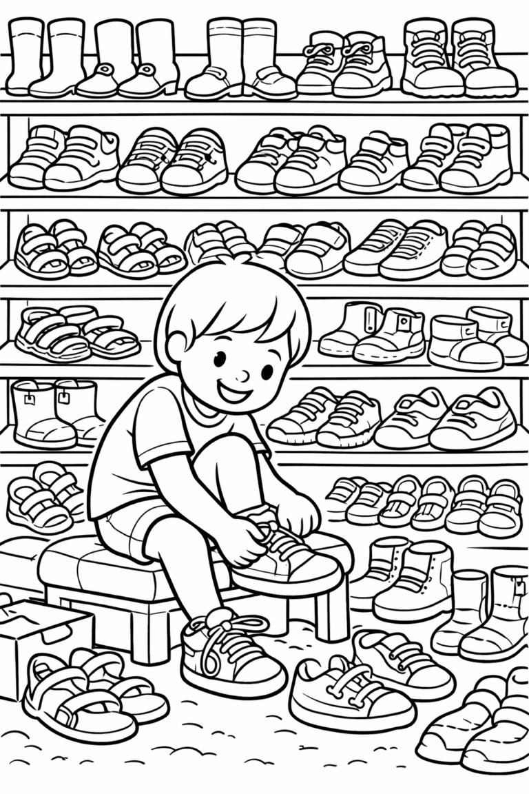 A cheerful child tying shoelaces seated in a shoe store. Shelves are filled with a variety of shoes, offering a vibrant and engaging scene. Ideal for children's creative coloring activities, enhancing their attention to detail.