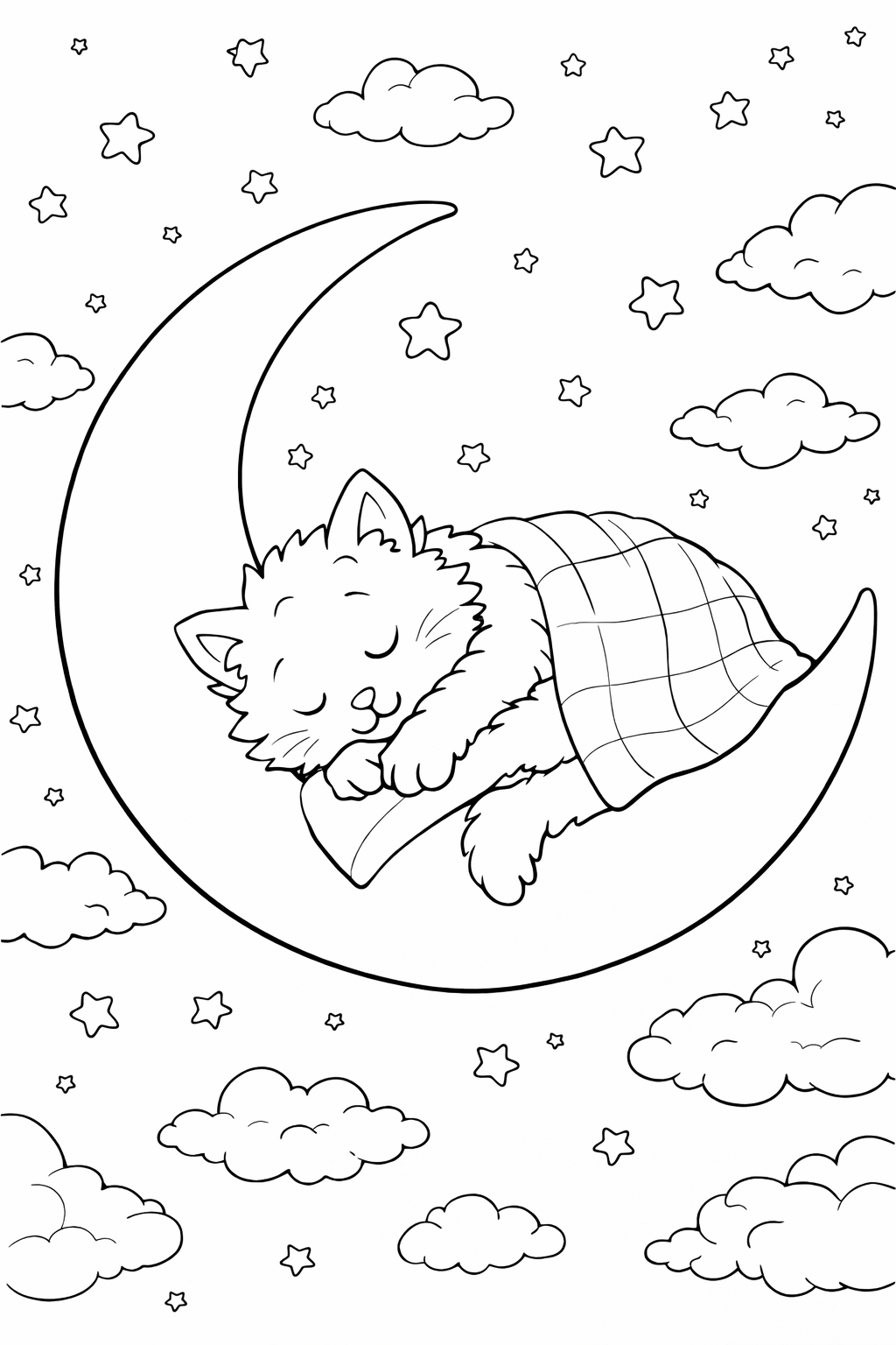 A cute kitten sleeps on a crescent moon, wrapped in a blanket. Stars twinkle around, and fluffy clouds float nearby. Perfect for children to color.