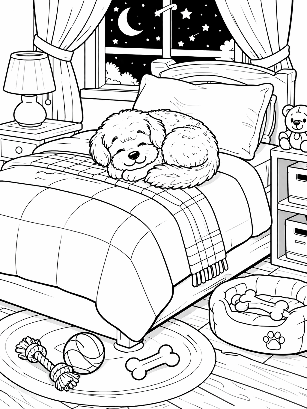 Coloring page of a sleeping puppy on a bed in a child's room with toys around. The window shows a night sky with stars and a crescent moon.