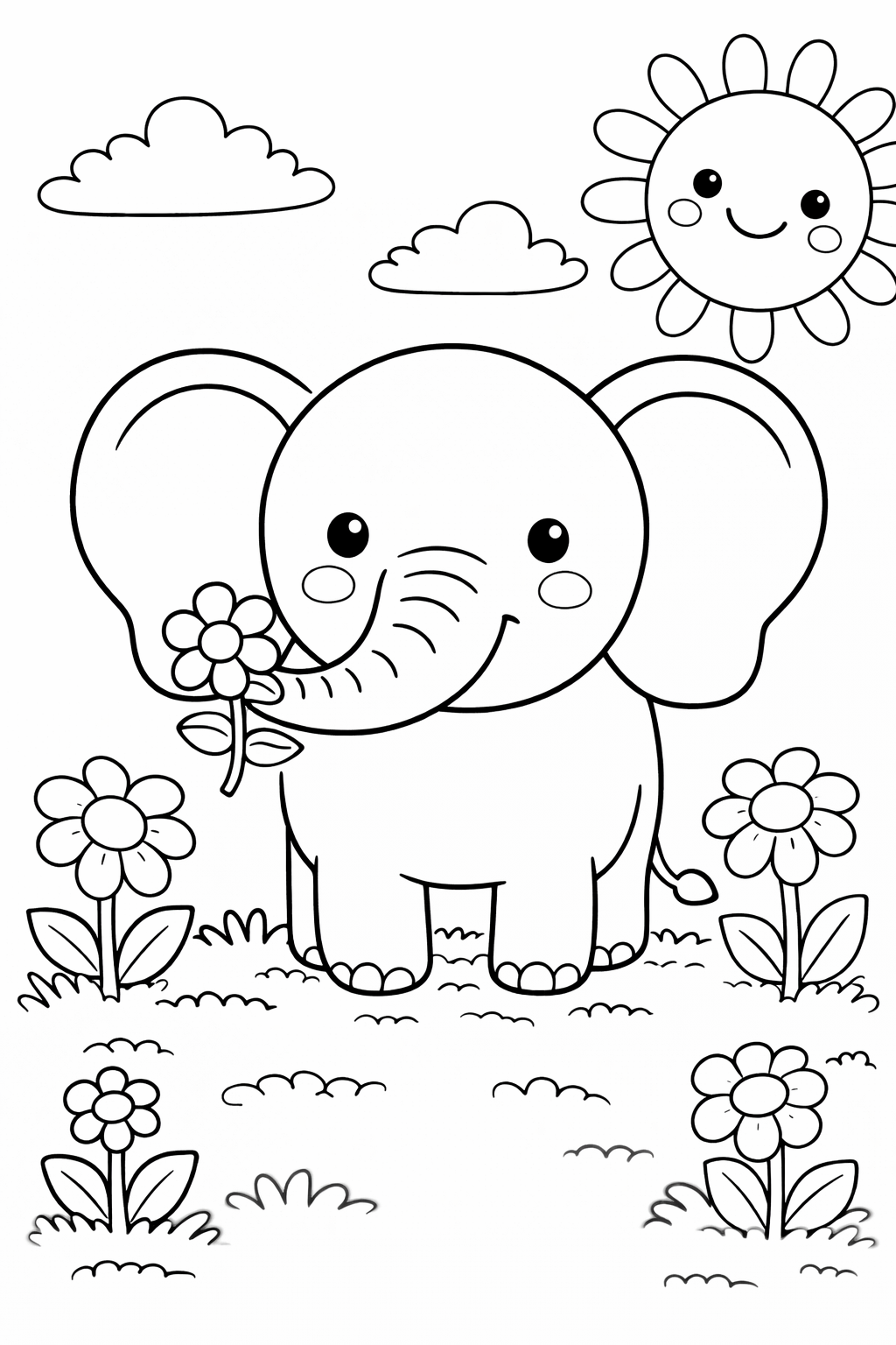 A cheerful coloring page showing a smiling elephant holding a flower. The background includes a happy sun and fluffy clouds. It's an ideal scene for children to express creativity with coloring.
