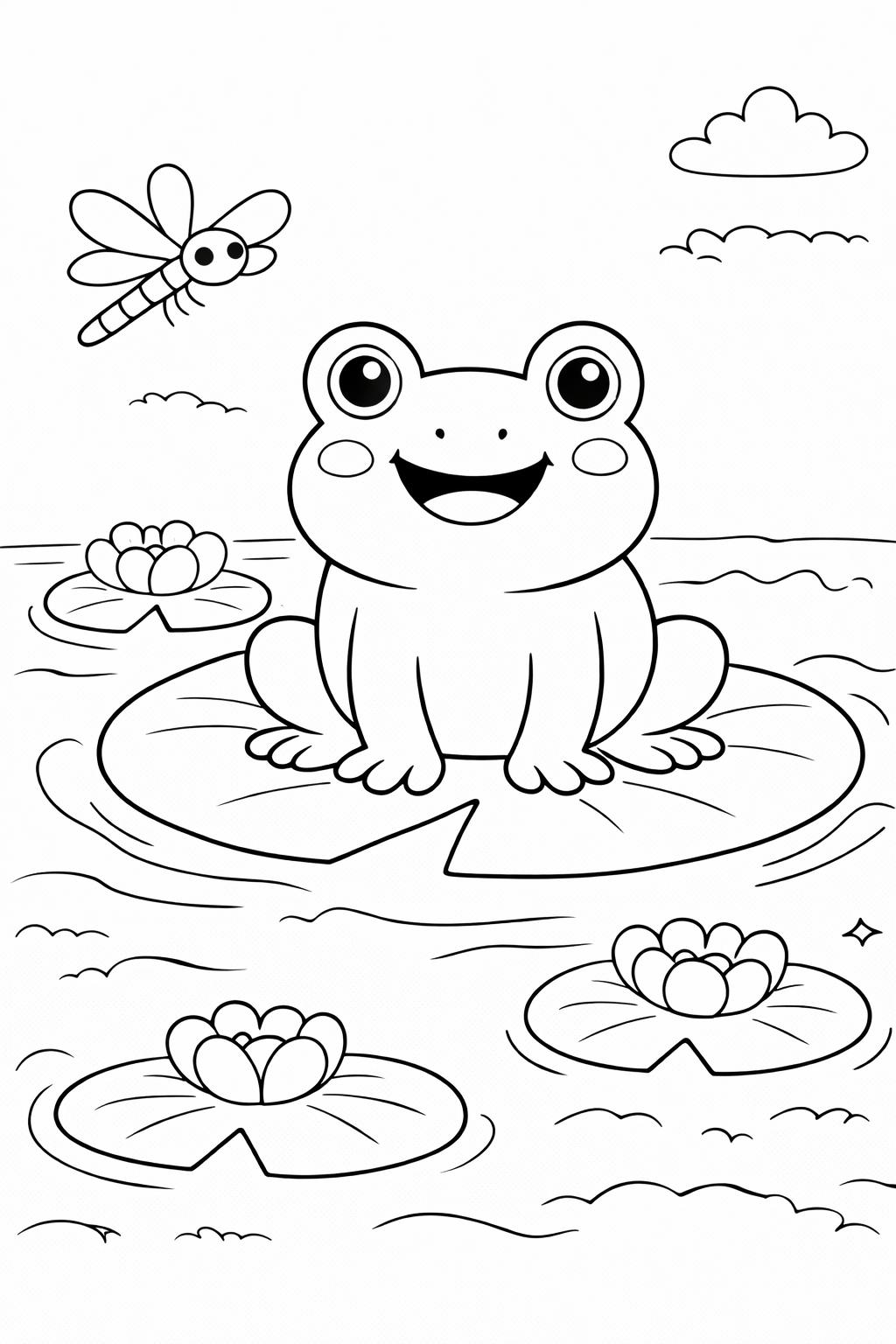 A cheerful frog sits on a lily pad in a tranquil pond, surrounded by blooming flowers and a playful dragonfly, offering a delightful coloring experience for children.