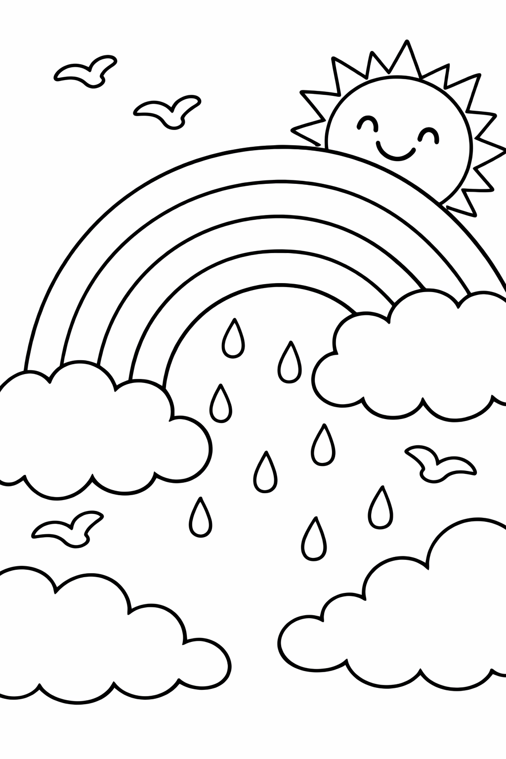 A cheerful scene with a smiling sun beside a rainbow. Kids can color the fluffy clouds, raindrops, and birds in the sky. Engaging activity for creative expression.