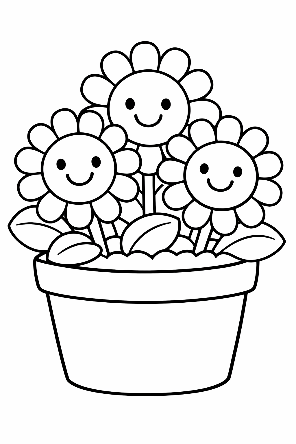 A coloring page depicting three smiling sunflowers in a flowerpot, ready for children to color. The simple and cute design encourages creativity and imagination in young artists.