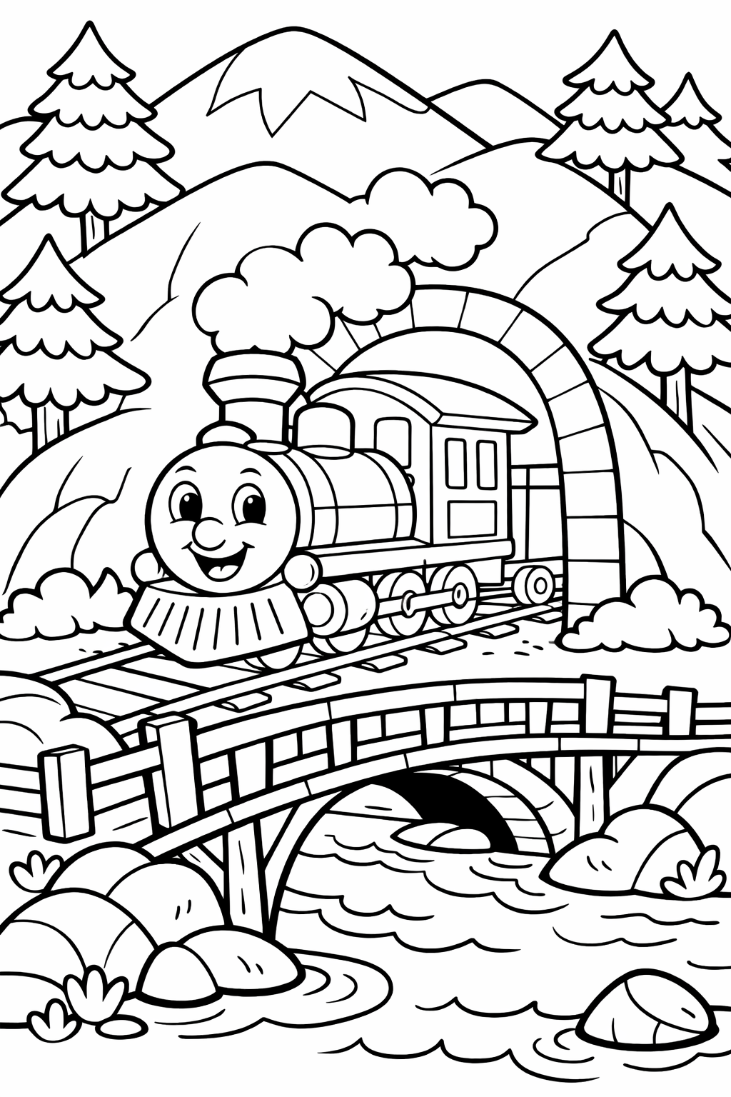 Charming smiling train crossing a bridge, set amidst scenic mountainous landscape with trees and a flowing river, inviting children to add colorful touches to bring the scene to life.