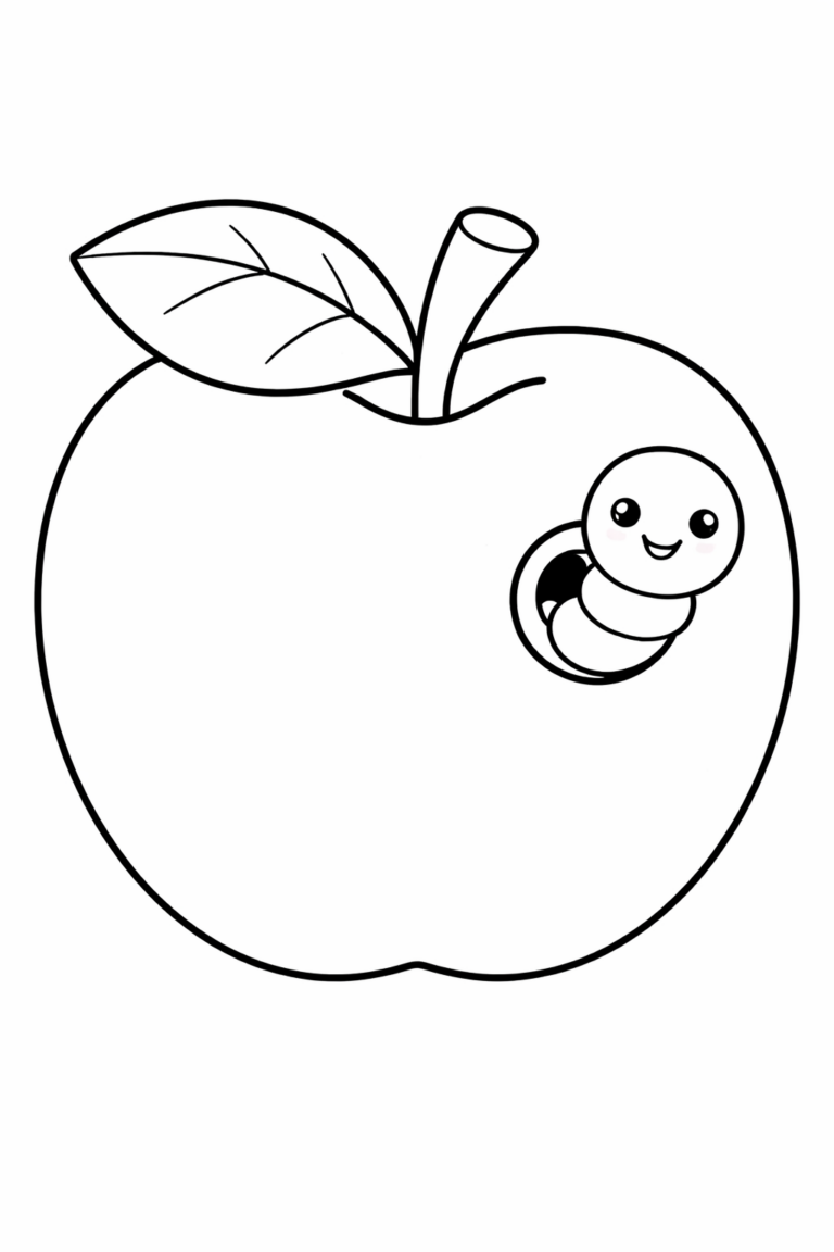 A cute, smiling worm peeking out of a plump apple, perfect for kids to color. The apple has a leaf and a stem, creating a simple yet charming scene.