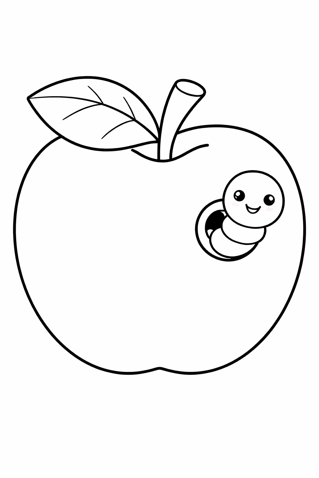 A cute, smiling worm peeking out of a plump apple, perfect for kids to color. The apple has a leaf and a stem, creating a simple yet charming scene.