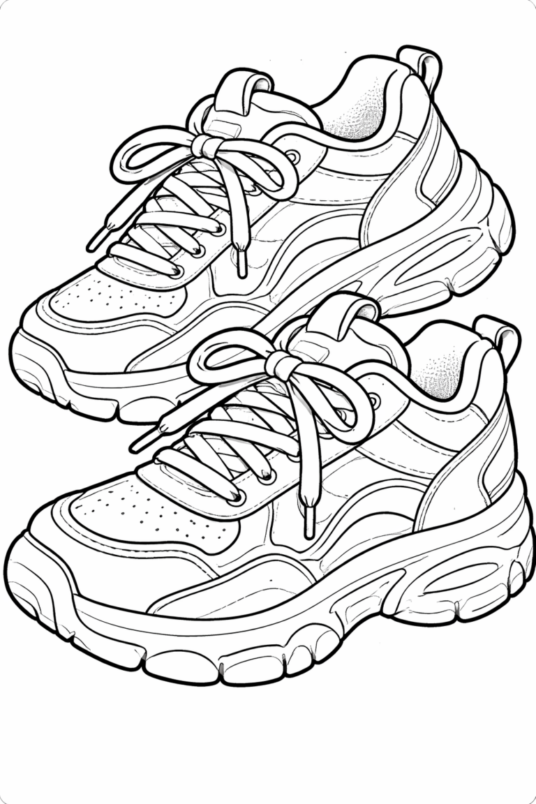 Detailed coloring page of two sneakers with laces, offering various sections and textures for children to color creatively. Ideal for developing fine motor skills.