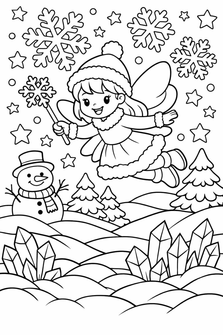 A whimsical snow fairy holds a wand, flying above a snowy landscape with sparkling snowflakes and a cheerful snowman. The scene is filled with snow-covered trees and magical elements, offering children a captivating winter theme to color and explore creatively.