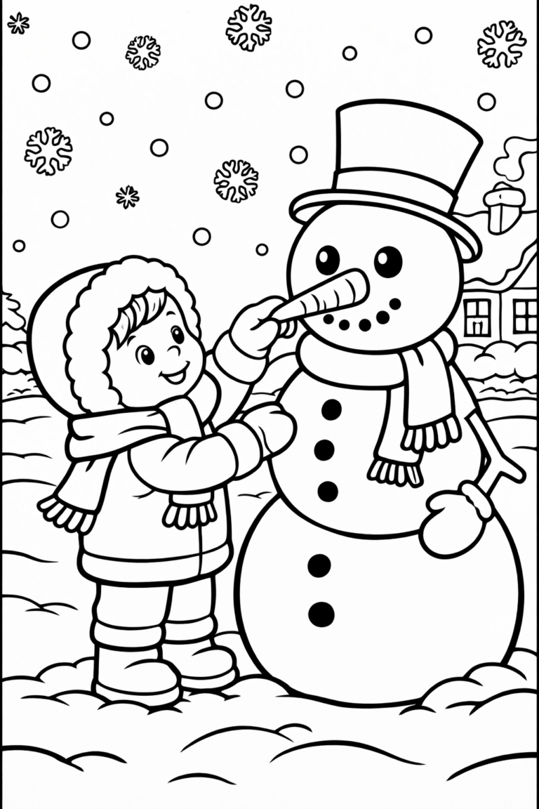 A delightful snowman coloring page showing a child placing a carrot nose on a snowman, surrounded by snowflakes and a cozy house in the background, capturing a playful winter scene.