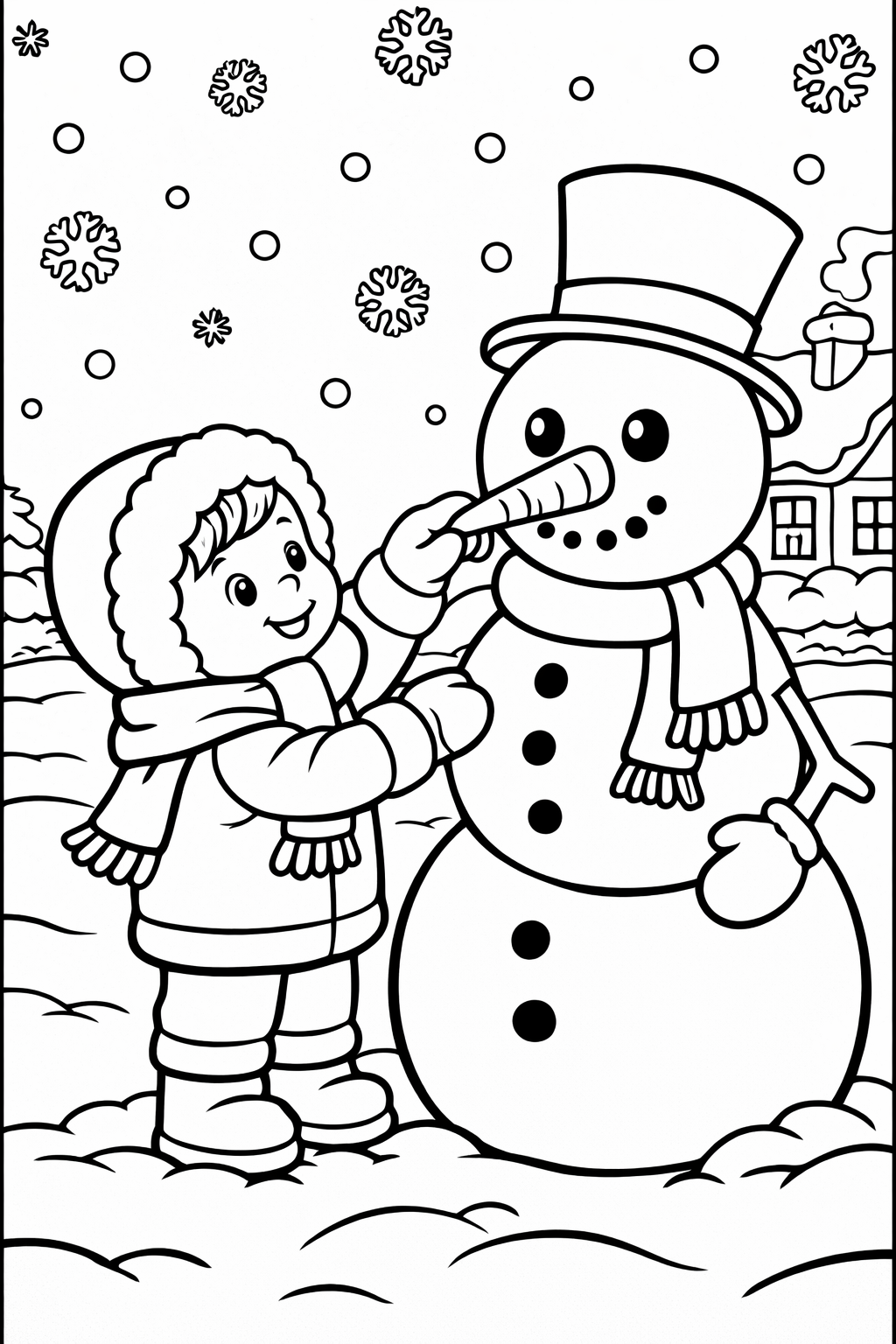 A delightful snowman coloring page showing a child placing a carrot nose on a snowman, surrounded by snowflakes and a cozy house in the background, capturing a playful winter scene.