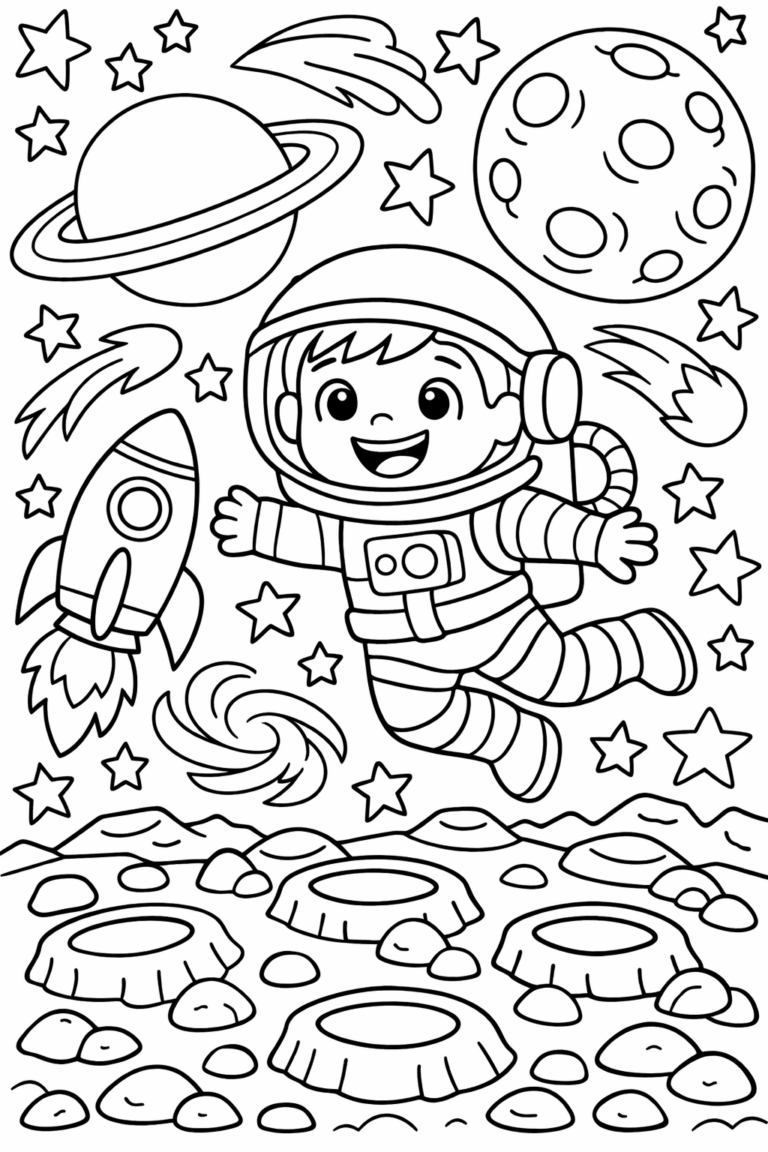 Coloring page of a smiling astronaut in space with stars, planets, and a rocket surrounding. The scene captures an adventurous outer space theme for children to color.