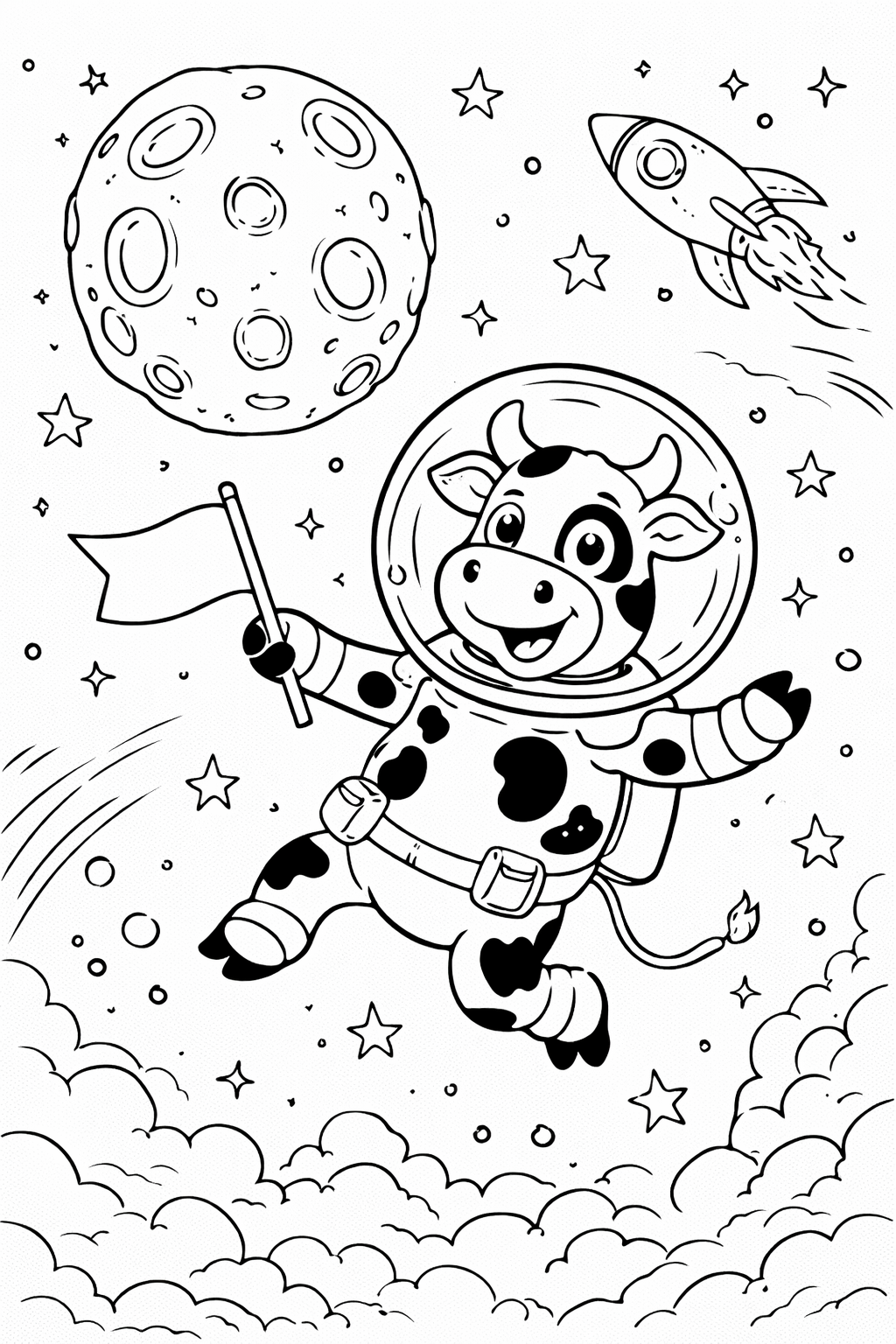 A happy cow in an astronaut suit holds a flag while floating in space. A moon and a rocket ship are visible, surrounded by stars and clouds for a delightful coloring activity.