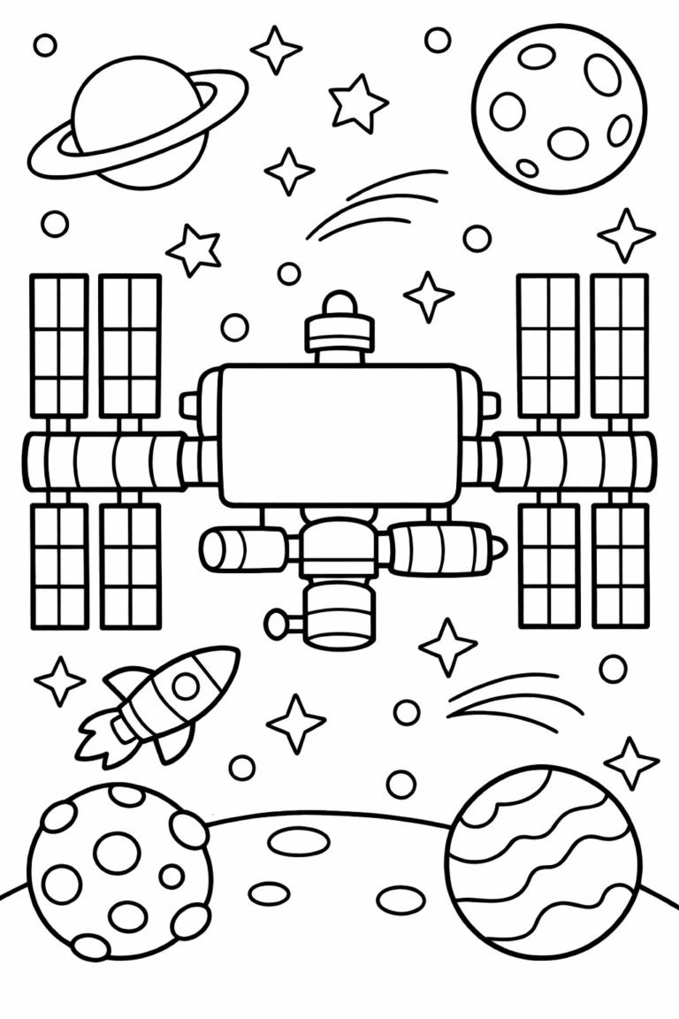 A detailed black and white drawing of a space station in outer space accompanied by surrounding planets, stars, and a rocket for children to color.