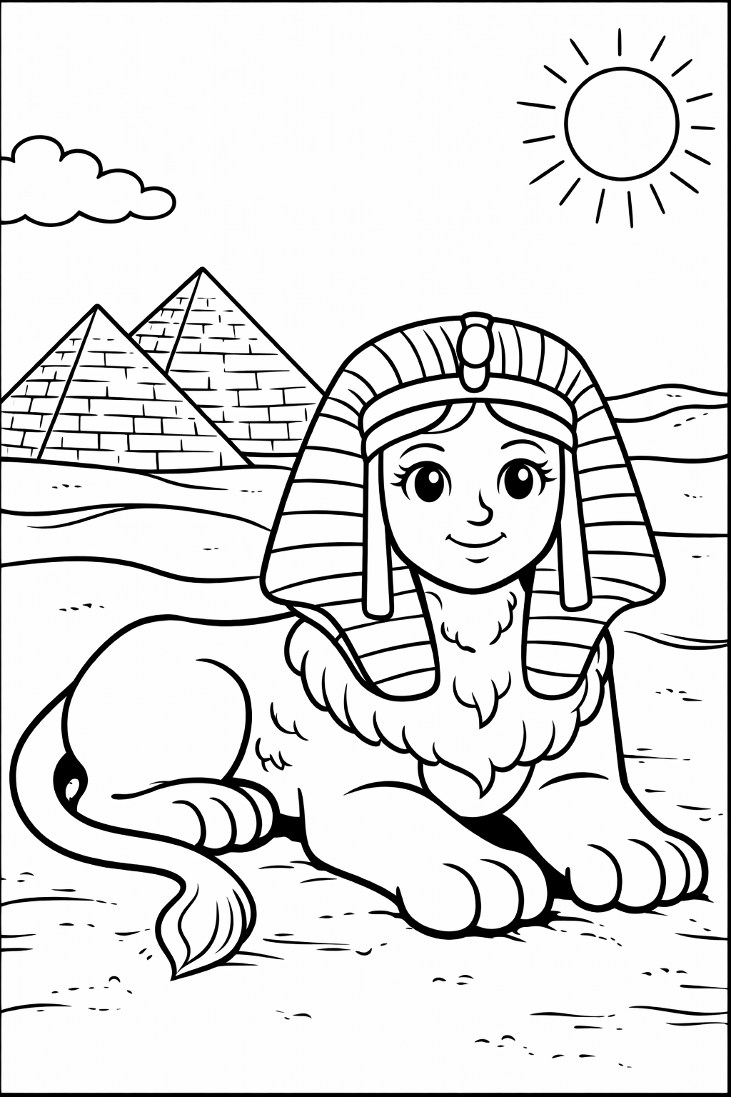 A detailed sphinx with a friendly face lies in front of pyramids and a shining sun, perfect for a creative coloring activity.