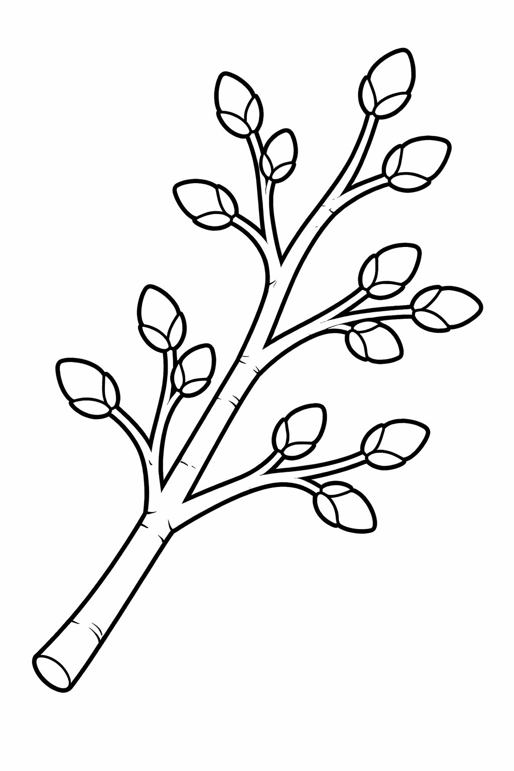 A black and white illustration of a tree branch with several budding leaves, intended for kids to color. Suitable for spring-themed activities and creativity enhancement.